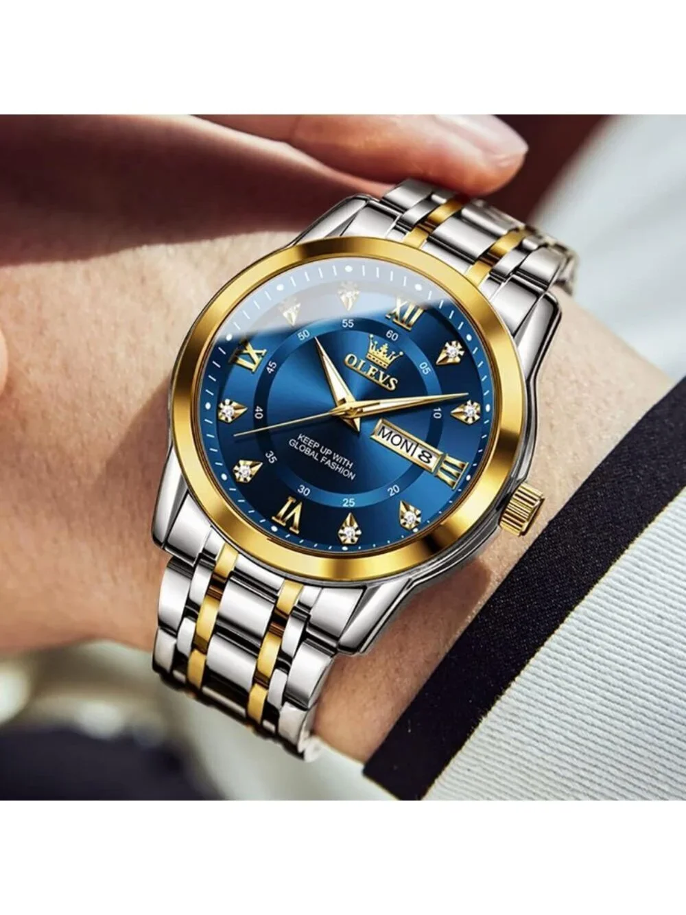 Men's Gold Blue Quartz Stainless Steel Waterproof Luminous Luxury Wooden Watch